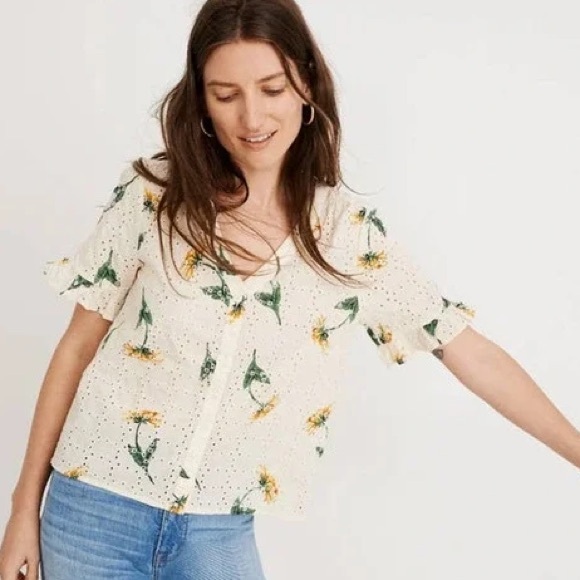 Madewell Eyelet Village Floral Ruffle Sleeve Top - Picture 1 of 6
